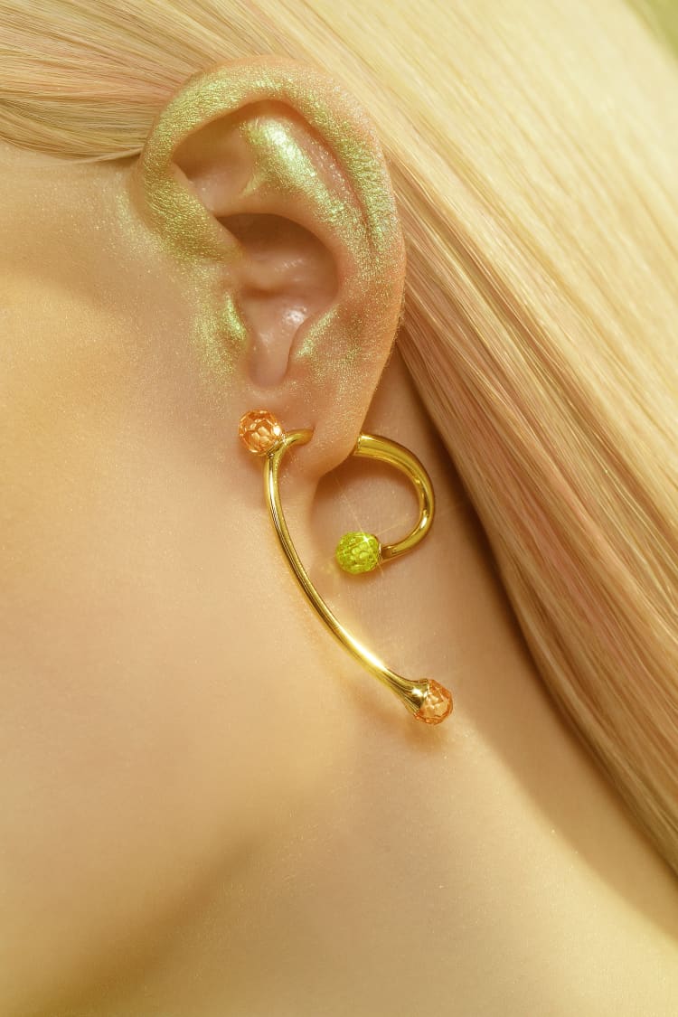 Gold Asymmetric Earrings with Opal and Topaz Crystals
