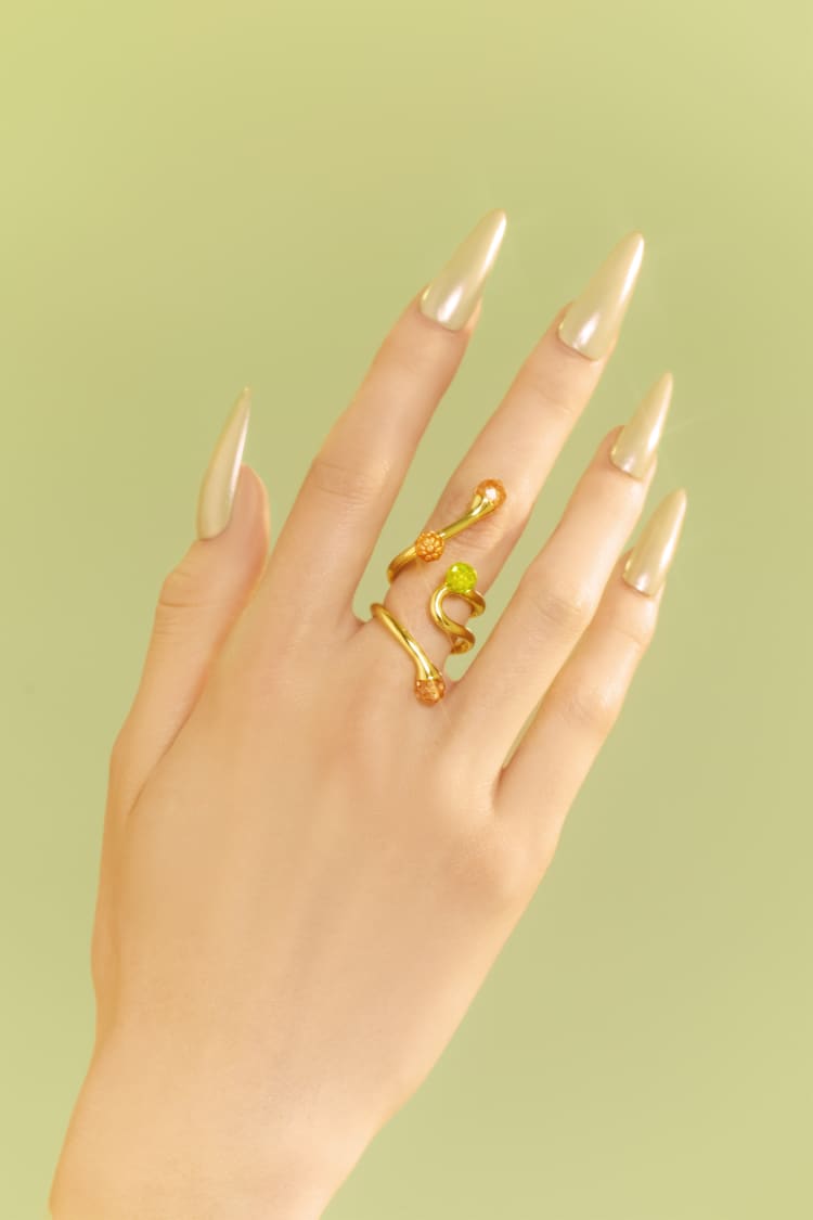 Gold Bold Asymmetric Ring with Opal and Topaz Crystals