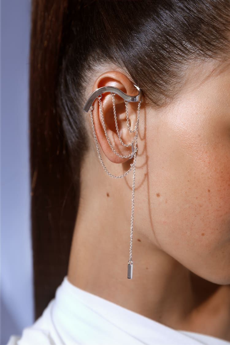 Silver Flowing Ear Cuff with Pendant