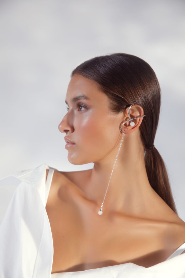 Silver Pearl Ear Cuff with Chain