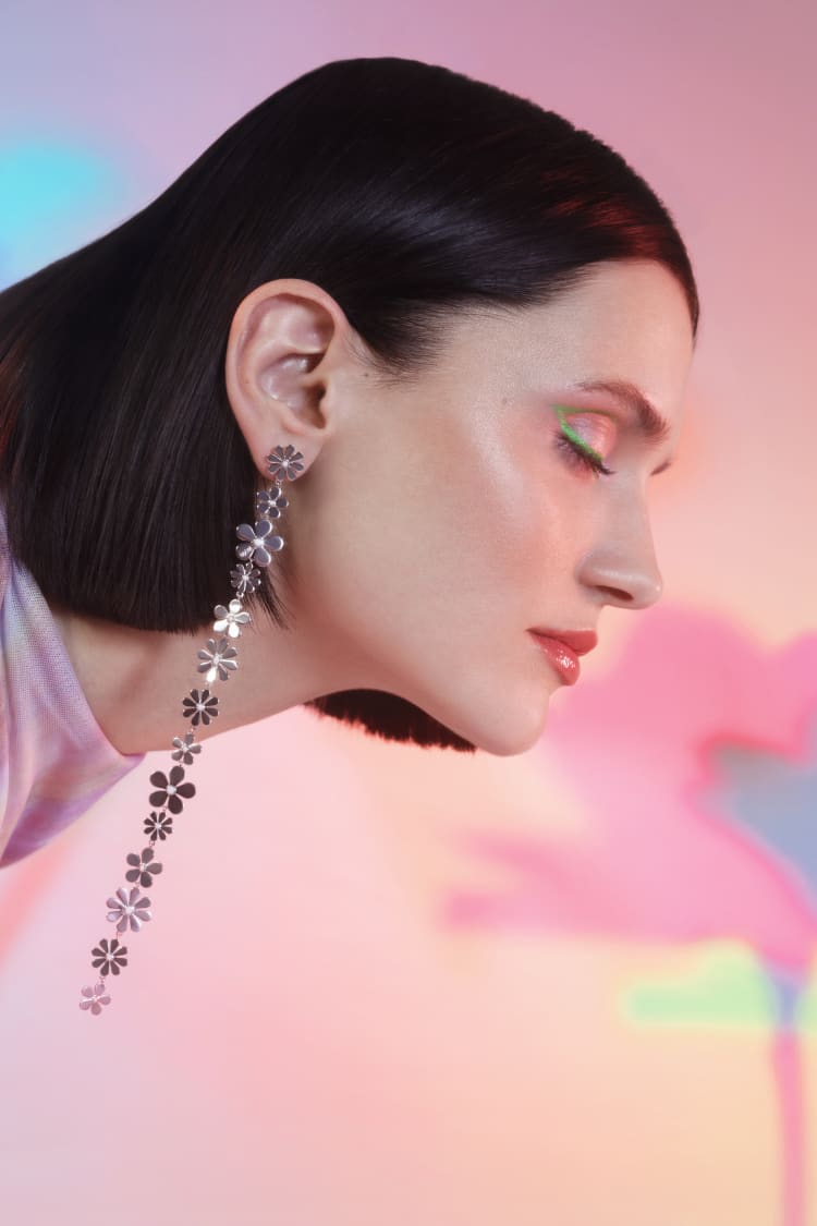 Silver and White Long Daisy Earring