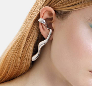 silver liquid earrings that hook around the ears