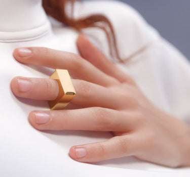 Square ring with cuff in 18K gold finish